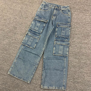 Pantalon cargo en jean décontracté unisexe pour homme, coupe ample, délavé, multi-poches, style travail, extensible, taille mi-haute, nouveau style garçon - Product Image 2