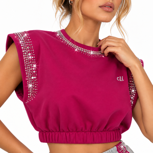 Sparkly Athleisure Magenta Gray <b>Rhinestone</b> Women <b>Cropped</b> Sleeveless <b>Top</b> Maxi Skirt Side Slit Custom GSM Fleece Tracksuit Factory - Product Image 2