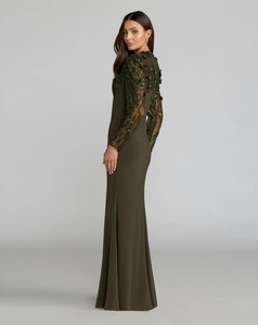 Elegante Vestido de Noche Largo de Satén de Poliéster Verde Oliva con Lentejuelas, Bordado Sólido, Manga Larga Transparente, Cuello Redondo y Antiarrugas - Product Image 5