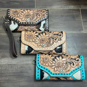 Cartera de Mano de Cuero Genuino con Diseño de Girasol, Estilo Occidental, de Lujo, con Múltiples Ranuras para Tarjetas, Protección RFID, Correa Larga para la Muñeca, para Mujer - Product Image 5