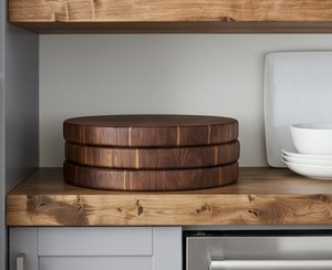Tabla de cortar redonda de madera con anillo de árbol y borde natural para cocina - Product Image 6
