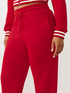กางเกงวอร์มขายาวสีแดงสำหรับผู้หญิง เอวกลาง มีเชือกผูก เอวหลวม สวมใส่สบาย ผ้าถักเนื้อฝ้าย สีพื้น สไตล์ฤดูใบไม้ร่วง - Product Image 5