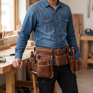 Ceinture porte-outils en cuir robuste pour constructeurs, avec plusieurs compartiments, coutures durables, boucle sécurisée et support pour marteau. - Product Image 6