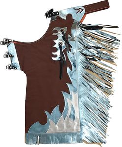 <b>Men</b> Western Chaps Leather Brown Silver Fringe Buckle Closure Riding Protection <b>Apron</b> - Product Image 2