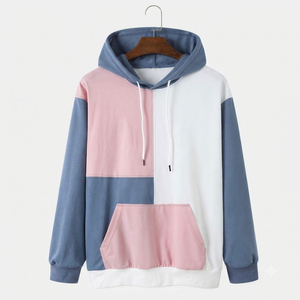 Sudadera con capucha de forro polar para hombre, personalizada al por mayor, con bloques de color y patchwork en tonos pastel, con bolsillo canguro, estilo casual urbano, ajuste cómodo - Product Image 1