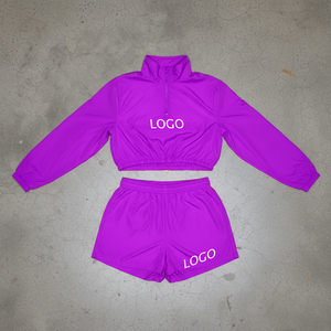 High Quality Women's Windbreaker Short Set Breathable Zipper Cropped <b>Top</b> Vintage Color Block <b>Patchwork</b> Embroidered Patches - Product Image 6