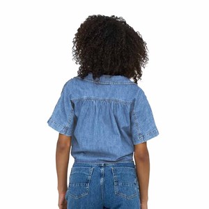Chemise en jean pour femme à manches courtes, couleur unie, coupe décontractée, style cache-cœur à nouer, en coton délavé, style été - Product Image 2