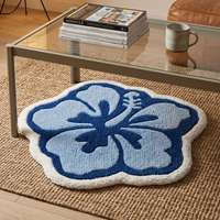 Premium Woll-Teppich mit Blauem Hibiskus-Blumenmuster, Handgetuftet, Rutschfest, Geometrisches Design für Wohnzimmer, Schlafzimmer und Heimdekoration