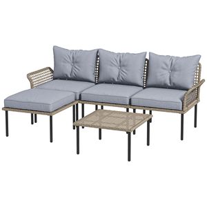 Set di mobili da giardino in rattan grigio chiaro da 5 pezzi, compresi divano, chaise longue, tavolino da caffè, poggiapiedi con cuscini - Product Image 1