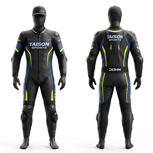 Traje de Motocicleta de Cuero Negro, Azul Neón y Amarillo, Piel de Vacuno de 900 GSM, Logotipo Personalizado en Relieve, Grabado Láser por Transferencia de Calor - Product Image 1