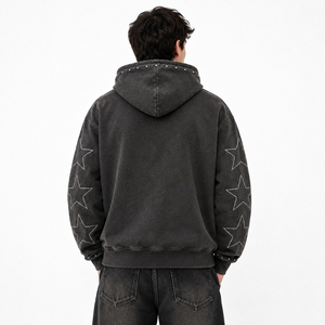 Sweat à capuche zippé vintage délavé avec logo personnalisé imprimé, manches à étoiles cloutées, 100% coton 400GSM, coupe épaules tombantes, pour streetwear - Product Image 5