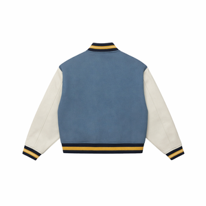 Men's Blue White Varsity Jacket Turn-down Collar Button Front Regular Fit Casual Winter Solid Color 100% <b>Wool</b> Breathable - Product Image 2