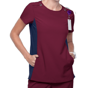 Blusa Médica de Manga Corta con Cuello Redondo para Mujer, Color Lavanda con Paneles Laterales Azul Marino, Diseños Personalizables - Product Image 6