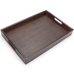 Plateau de service en bois brun foncé avec poignée pour la maison, plateau rectangulaire en bois d'acacia fait à la main pour la cuisine et la table - Product Image 4