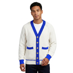 Cardigan en acrylique blanc pour homme avec bordure marine, manches longues, fermeture boutonnée, anti-plis, détails brodés - Collection Automne - Product Image 5