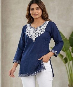 Kurta de Algodón Azul Marino para Mujer, Estilo Tradicional Holgado, Largo Midi, Informal, Étnico, Estilo India Pakistán, BLUESTAR- BS...159- 85418 - Product Image 1