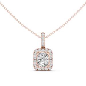 Collier pendentif en or rose 18 carats avec diamant taille coussin et halo, avec attache pavée de diamants, bijou raffiné et élégant, idéal comme cadeau - Product Image 1