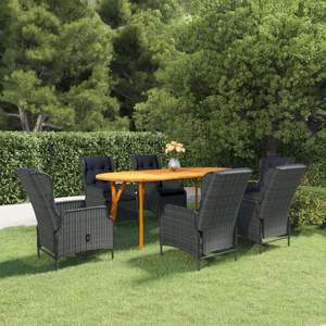 Ensemble de salle à manger de jardin 7 pièces gris foncé, table en teck, chaises en rotin, mobilier d'extérieur résistant aux intempéries, design contemporain - Product Image 1