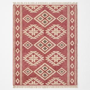 Tapis rectangulaire géométrique bohème rouge avec franges pour salon et chambre à coucher, en laine et acrylique, à poils ras - Product Image 3