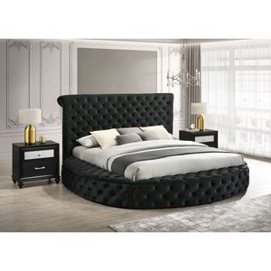 Set di Mobili per Camera da Letto 3 Pezzi: Letto Queen Size Nero in Velluto con Bottoni e Contenitore, 2 Comodini in Legno - Product Image 1