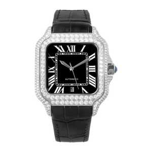 Montre de luxe en moissanite avec cadran carré, chiffres romains, mouvement à quartz analogique, lunette en cristal de 20 mm, boîtier en acier inoxydable, bracelet en cuir unisexe - Product Image 1