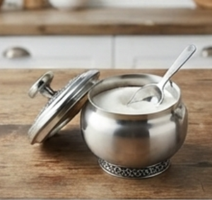 Ensemble de pots à sucre et à crème en métal rond classique de qualité supérieure avec finition brillante et base décorative - Product Image 5