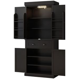 Armoire de rangement autoportante de 71 pouces de hauteur pour cuisine, noire, avec éclairage LED et tiroirs réglables - Product Image 1