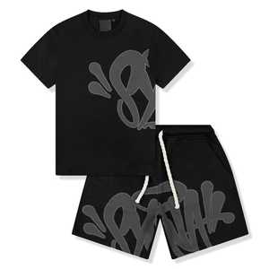 Conjunto de camiseta de manga corta y pantalones cortos de algodón negro para hombre con estampado de letras en la espalda, conjunto informal de verano, transpirable, de punto, de dos piezas. - Product Image 5