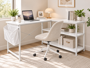 Modern L-Shaped Computer <b>Desk</b> <b>with</b> <b>Storage</b> Shelves Drawer Side Pocket Durable <b>White</b> Frame - Product Image 4