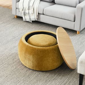 Pouf Contenitore Rotondo 2 in 1 Giallo Scuro (63,5x63,5x37,3 cm) - Piccolo Tavolino e Pouf Funzionale - Product Image 3