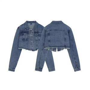 Chaqueta vaquera lavada para mujer, cuello vuelto, manga larga, top corto, dobladillo deshilachado, azul liso, abrigo de primavera - Product Image 2
