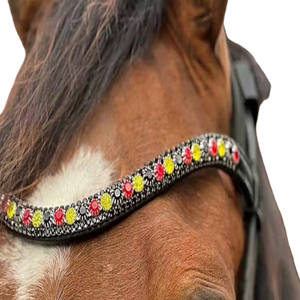 Diadema de cuero negro inglés con forma curva, incrustaciones de diamantes y cristales multicolor de tres filas personalizadas. - Product Image 1