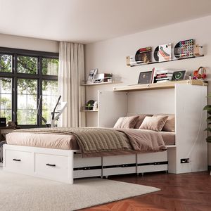 Lit Queen Murphy avec station de charge, grand tiroir de rangement, plateforme pliable, style farmhouse, avec fonction de rangement dissimulé - Product Image 3