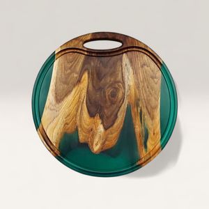 Handcrafted Oval Wooden Tray with Green <b>Epoxy</b> Resin Inlay Modern Design Serving Board Handle for Wedding and Ramadan - Product Image 1