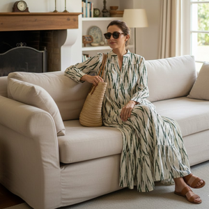 Vestido de Algodón con Estampado Chevron, Manga Larga, Cuello en V, Diseño de Paneles, Hecho a Mano, Vestido Largo para Mujer, Obra Maestra de Alta Calidad - Product Image 3