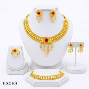 Elegante Juego de Collar y Pendientes de Cadena de Cuerda de 16 Pulgadas con Diseño de Hoja y Circones Chapados en Oro Natural Sólido para Mujer, Modelo 53063 - Product Image 1