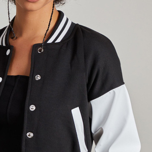 Blank Wholesale Womens Black <b>White</b> Varsity <b>Jacket</b> Full Sleeve Button Up Turn Down Collar <b>Short</b> Length Autumn Casual Apparel ODM - Product Image 4