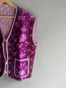 Floral <b>Quilted</b> Sleeveless Vest V-Neck Women's <b>Jacket</b> With Pockets Regular Length Autumn Wear Printed <b>Pattern</b> Purple GIFT FOR HER - Product Image 3