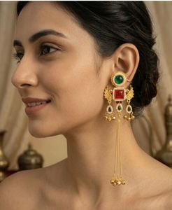 Kashmiri Fusion Long <b>Earrings</b> <b>Gold</b> Plated Crystal Rhinestone Lightweight Statement Jewelry Geometric Design Traditional Elegance - Product Image 3