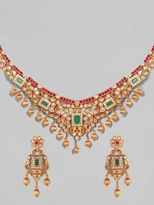 Conjunto de Collar y Pendientes de Aleación Chapada en Oro Ortodoxo Indio, Joyería de Boda para Mujer, Diseño Rani Haar, Patrón Floral, Estilo Clásico - Product Image 6