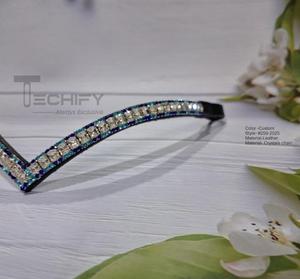 Diadema de Cuero Personalizada en Forma de V para Caballo con Cristales de Imitación Azul Claro, Azul Oscuro y Transparentes, Diadema Inglesa para Equitación - Product Image 6