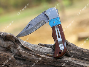 Couteau pliant OEM personnalisé fait main en acier Damas avec lame coulissante à verrouillage arrière, clip de poche et manche en bois de rose naturel et pierre précieuse turquoise UA - Product Image 4
