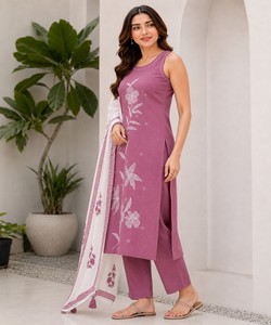 Ensemble Kurta et pantalon en coton violet avec dupatta, broderie florale dessinée à la main, tenue traditionnelle style Inde Pakistan 86128 MORNI- Mc-114 - Product Image 2