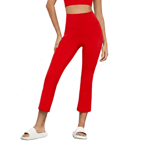 Leggings de yoga taille haute mi-mollet noirs unis en Spandex et Polyester avec taille élastique, pantalon de sport pour femme, tenue d'entraînement - Product Image 3