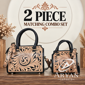 Conjunto de 2 piezas de bolso de cuero genuino hecho a mano con diseño floral vintage y cremallera para mujer, estilo bandolera - Súper Septiembre - Product Image 1