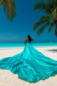 Vestido Azul Turquesa para Sesiones de Fotos Preboda, Vestido Largo de Satén con Abertura Alta y Cola Larga Dramática - Product Image 3