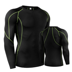 Men's Black <b>Long</b> <b>Sleeve</b> <b>Compression</b> <b>Shirt</b> With Green Stitching Slim Fit Quick Dry Sporty O-Neck Knitted Activewear - Product Image 1