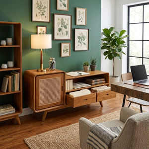 Buffet moderne en teck de qualité export, armoire de rangement avec double tiroir et étagère ouverte, meuble de rangement multimédia pour salon et maison - Product Image 5