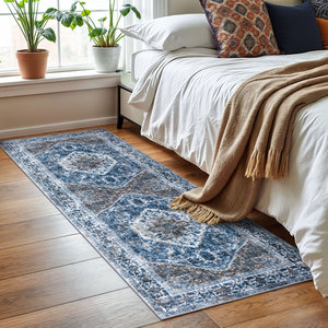 พรมโพลีเอสเตอร์ลายเรขาคณิตสไตล์ชนเผ่า สีส้มเบจ ล้างทำความสะอาดได้ กันลื่น เหมาะสำหรับห้องนั่งเล่นสมัยใหม่ ห้องโถง สไตล์โบฮีเมียน - Product Image 1