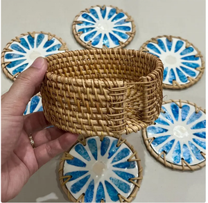 ชุดที่รองแก้วทรงกลม6ชิ้นสำหรับใส่เครื่องดื่มแก้วแบบฝังมุกลายดอกไม้สีเขียว - Product Image 6